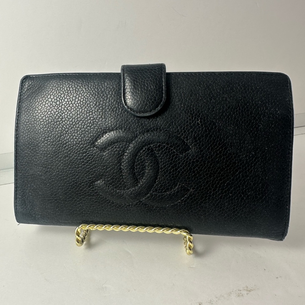 Chanel Black Caviar Pebbled Leather Wallet Snap Closure